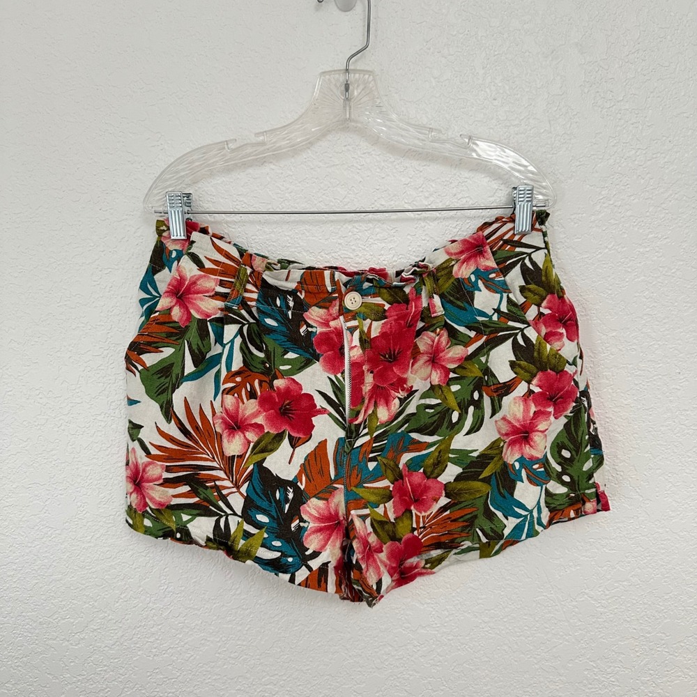 Bebop Shorts Women XL Multi Color Tropical Floral Linen Blend High Rise Indie